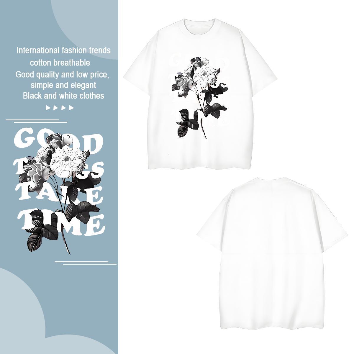 T-Shirts 230g Cotton flower Anime Printing Street Short Sleeve Soft Asian Size Tshirts Custom Loose Fit Tops Tees
