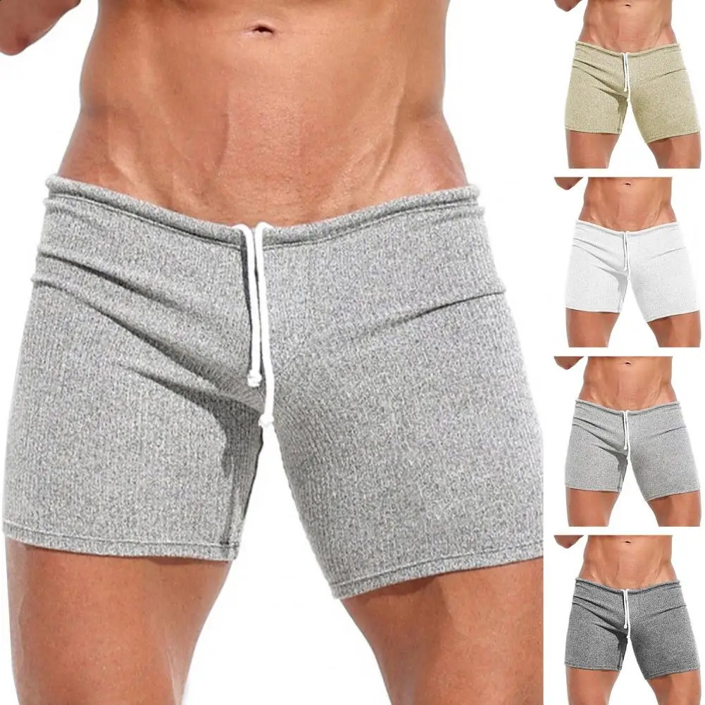 Summer breathable soft and comfortable ribbed shorts mens sleepwear elastic slim fit solid color brushed lace 240819