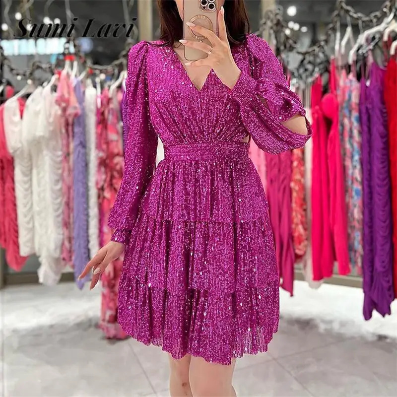 Sexy V Neck Long Sleeve Hollow Out Mini Dress Sparkling Sequins Autumn Ladies Dress Fashion Ladies High Waist Pleated Cake Dress 240819