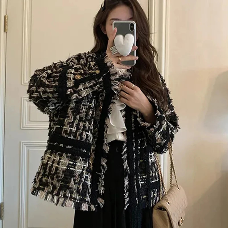 GIDYQ Y2k vintage cut tweed jacket for womens streetwear black gold woven tassel highquality casual chic button 240819