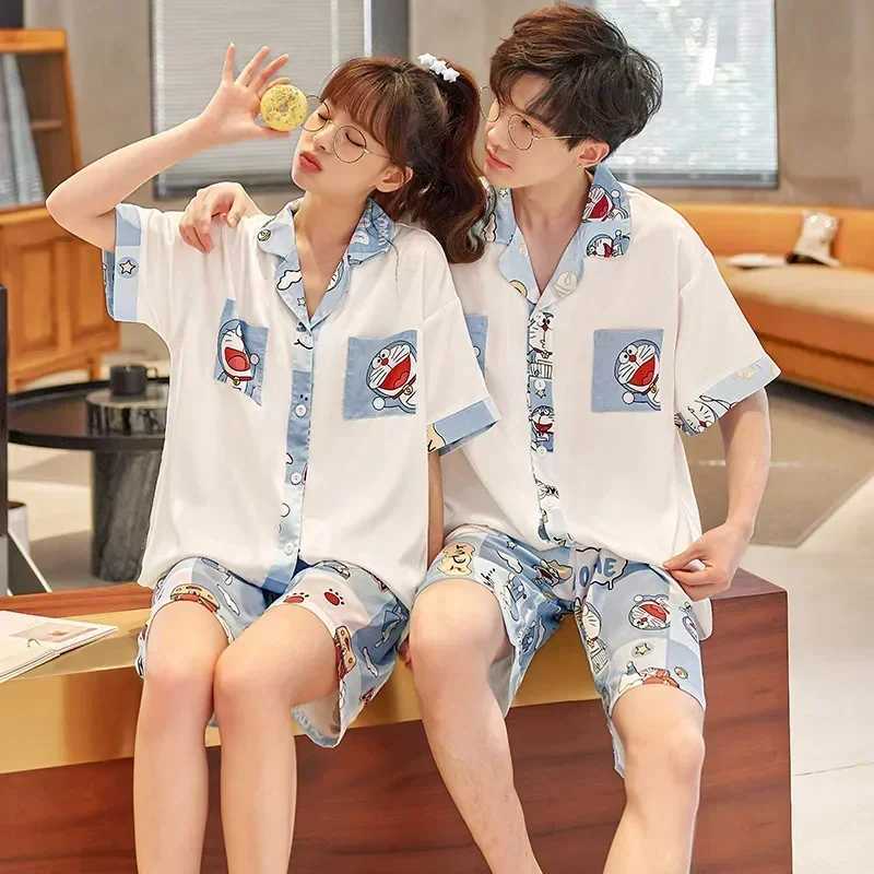 Mens silk sleepwear home V-neck set sleepwear adult sleepwear loose set sleepwear Korean womens couple cat animeW240719