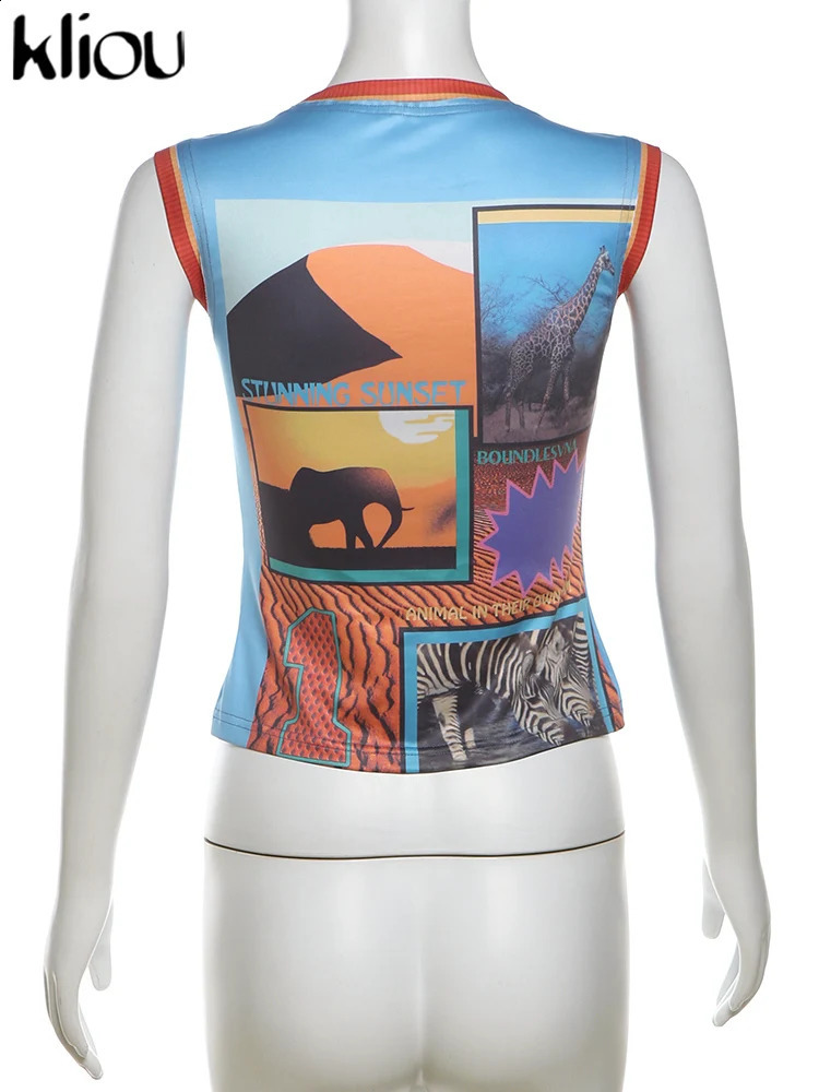 Kliou Summer Womens Short Wear Milk Silk Vest K23L42133 Fashionable Girls Full Match O-Collar Crop Top Animal Printed Vest 240820