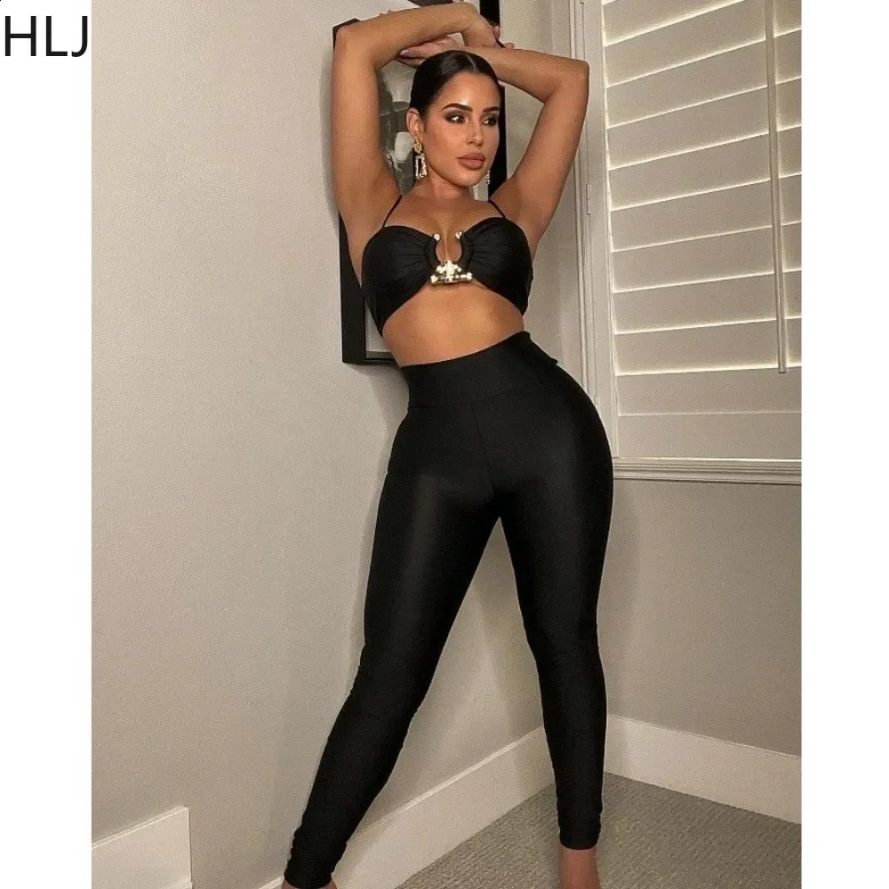 HLJ Sexy Solid Skinny Pants Two Piece Sets Women Thin Strap Sleeveless Bra Pants Outfits Fashion Lady Matching Nightclub Suits 240813