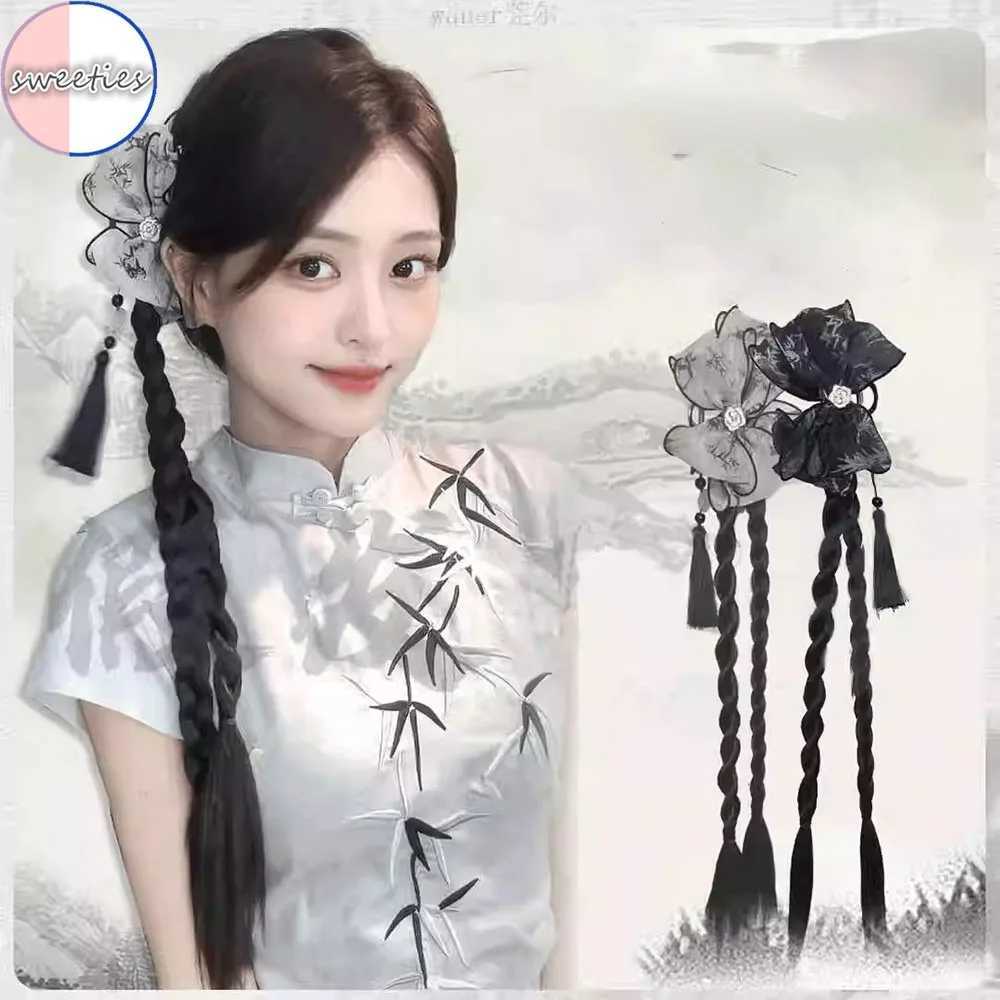 Chinese style bow clip style ponytail synthetic Wigs womens retro gentle boxing chest braid hair extension 50cm W240817
