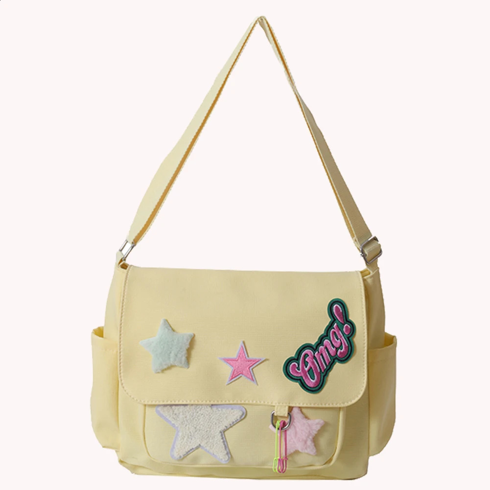 Women Cute Messenger Bag Large Capacity Canvas Kawaii Sling Bag Star Letter Applique Candy Color Leisure Travel Outdoor Bag 240819