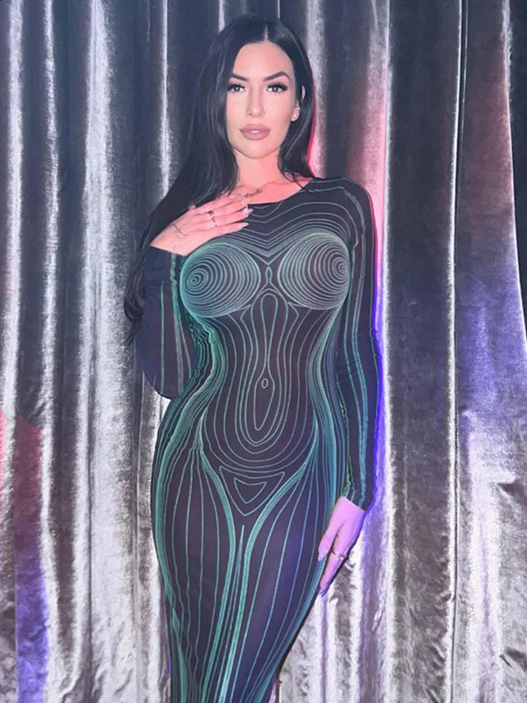 AHAgaga Sexy Midnight Clubwear Print Maxi Dress Elegant Party Women Spring Long Sleeve Dresses Female Tight Robes Vestidos 240819