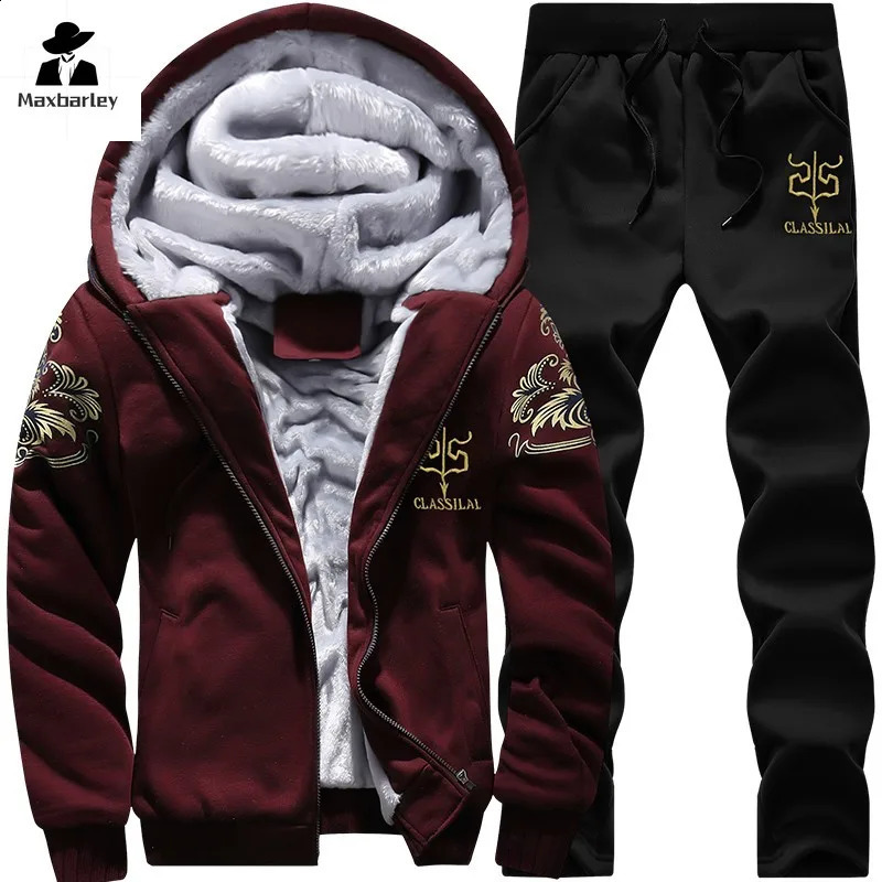 2024 Winter Thick Men Sports Suit Tracksuit Hooded Sportswear Zipper Cardigan Hooded Woolen Trousers Pants Casual Men Set 240819