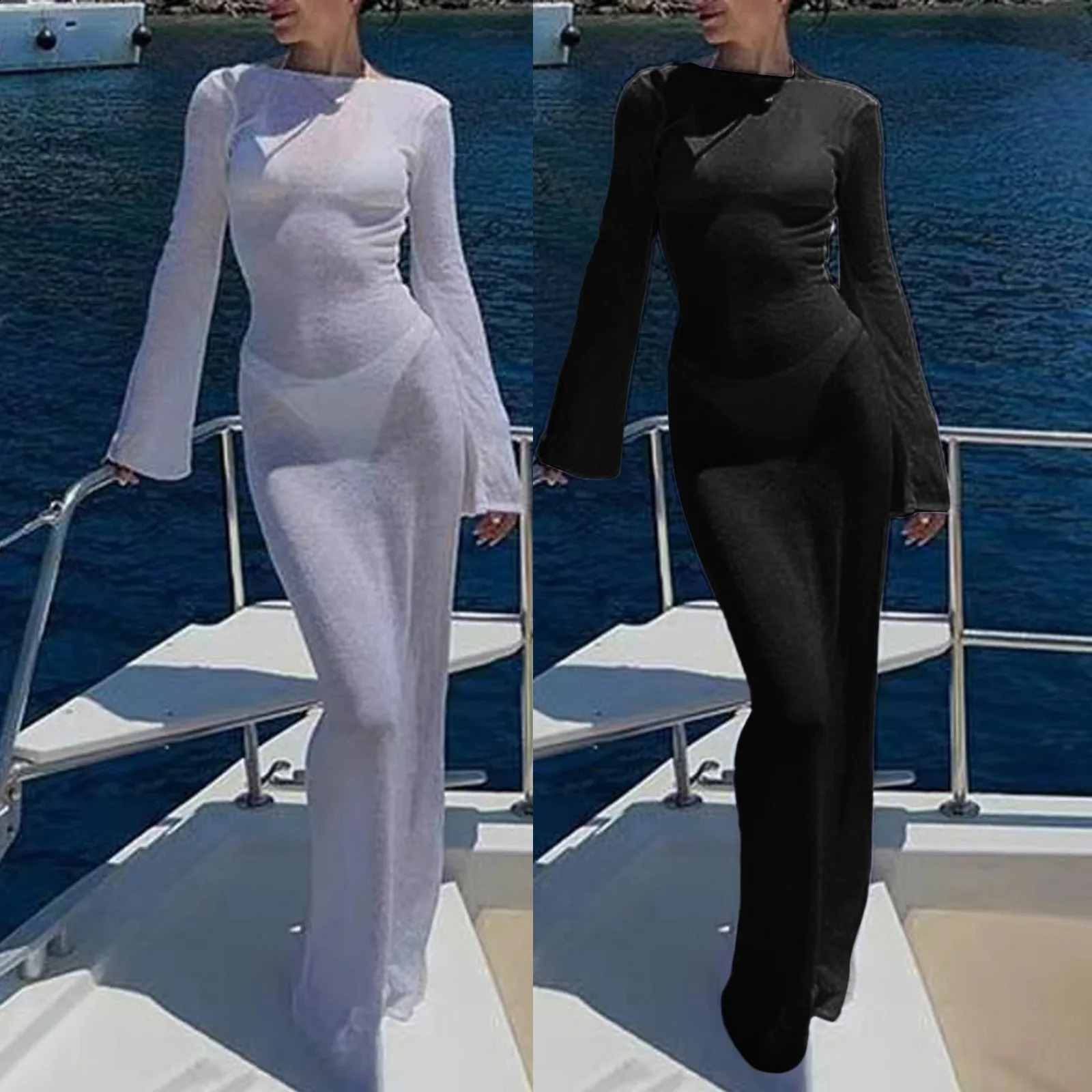 Ladies Beach Style Knitting Sexy Dress Long Sleeve Round Neck Floor Length Dress Sheer See-Through Backless Casual Dress Vestido 240819