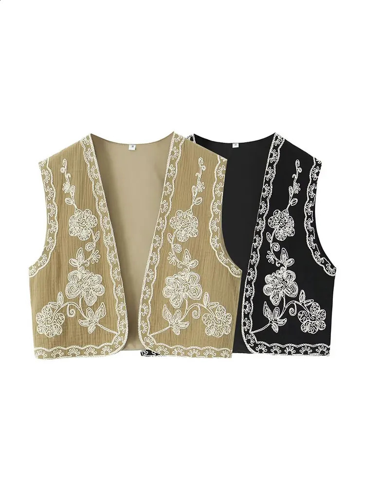Tinsonan Vneck floral embroidered vest top casual retro sleeveless jacket 240819