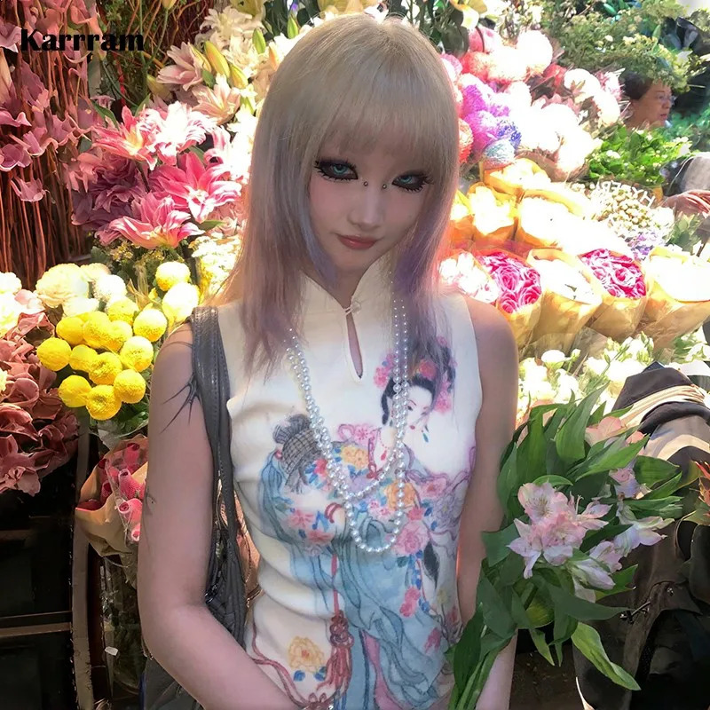 Karrram Japanese Y2k Ribbed Tank Top Fairycore Print Sleeveless Tops Vintage Harajuku Slim Tanktop 2000s Aesthetics Clothes 90s 240819
