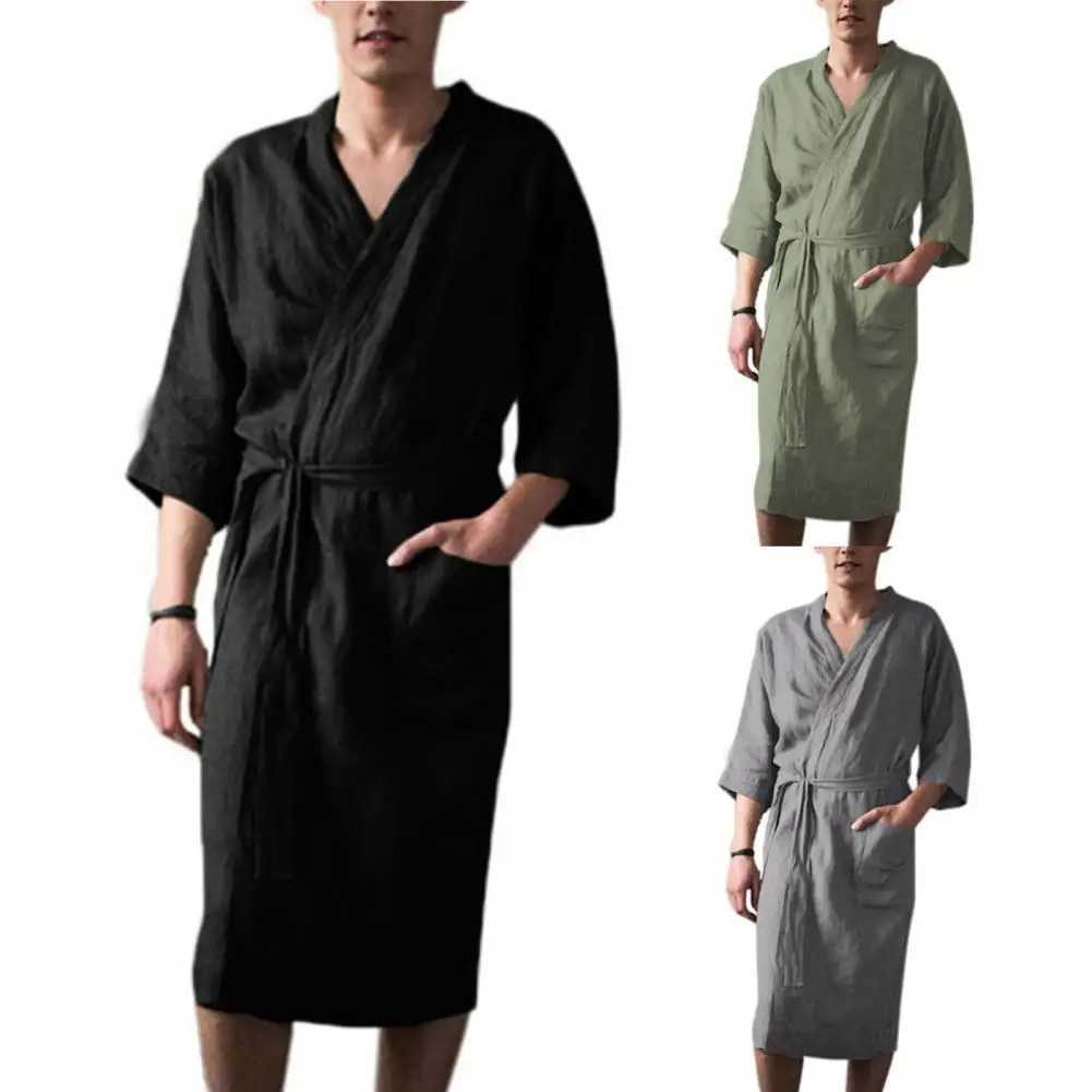 Mens evening gown mens yukata soft lace open top pajamas three quarter sleeve pockets loose mens bathroom evening gownW240719