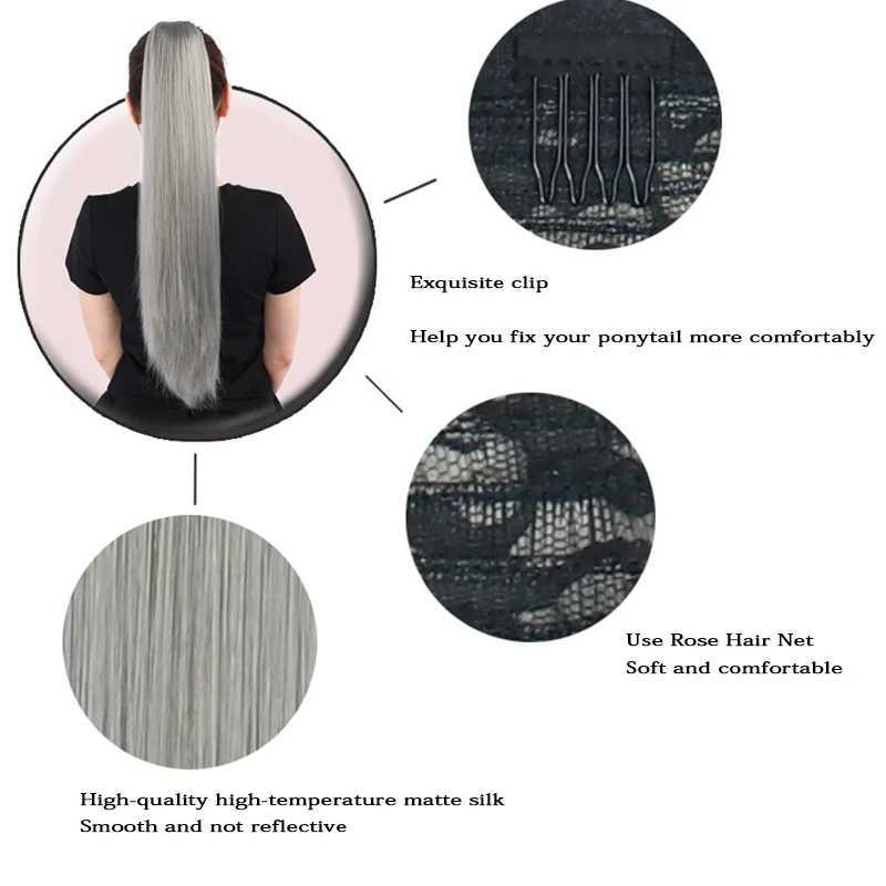 Synthetic ponytail with hair extensions clipped onto a fake wig with blonde hair wrapped around the braid a long and smooth ponytail W240817