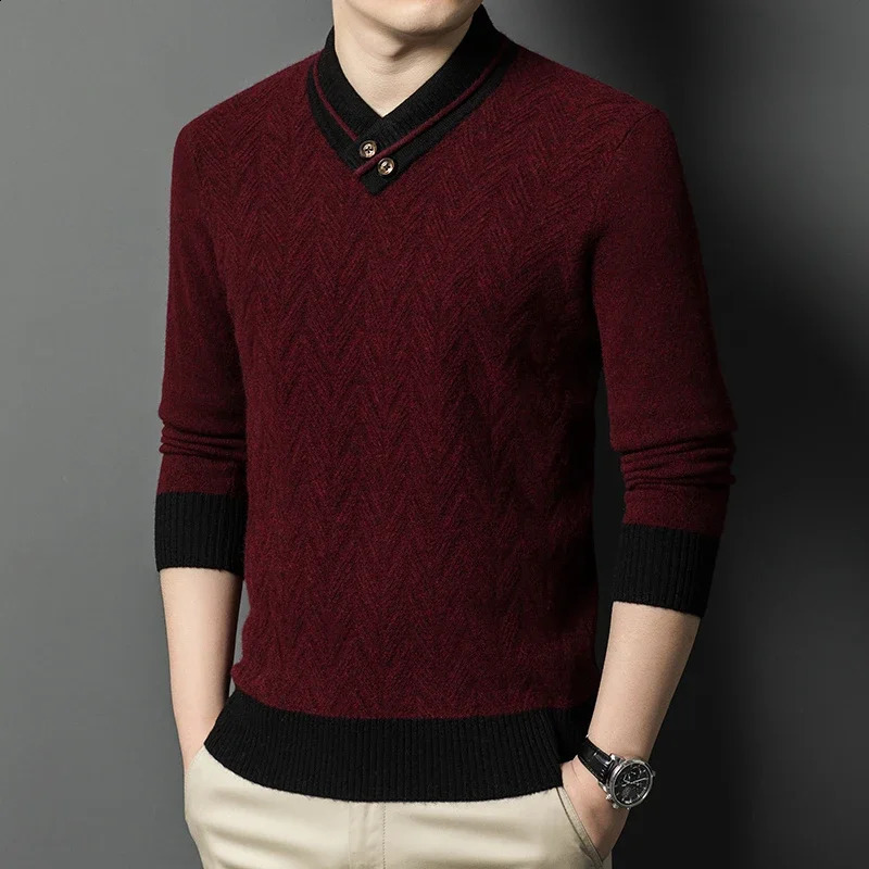 autumn and winter mens all wool Vneck button sweater knitted bottom casual warm fashionable floral clothing 240819