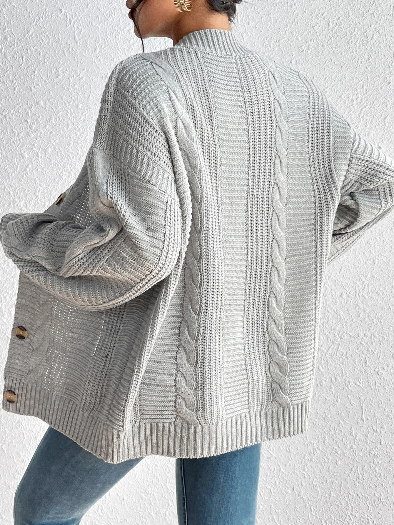 Vneck knitted cardigan womens autumn and winter thick American loose casual long sleeved solid color sweater jacket in 6 colors 240819