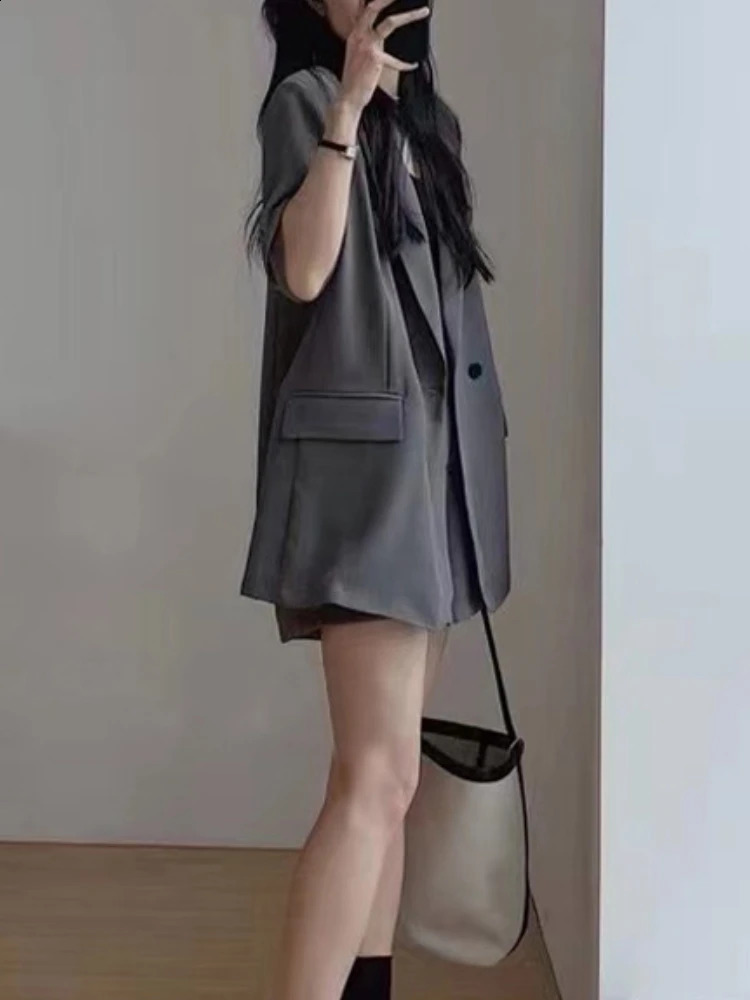 Summer retro womens jacket shorts casual loose solid short Pantalons set fashion 2piece 240819
