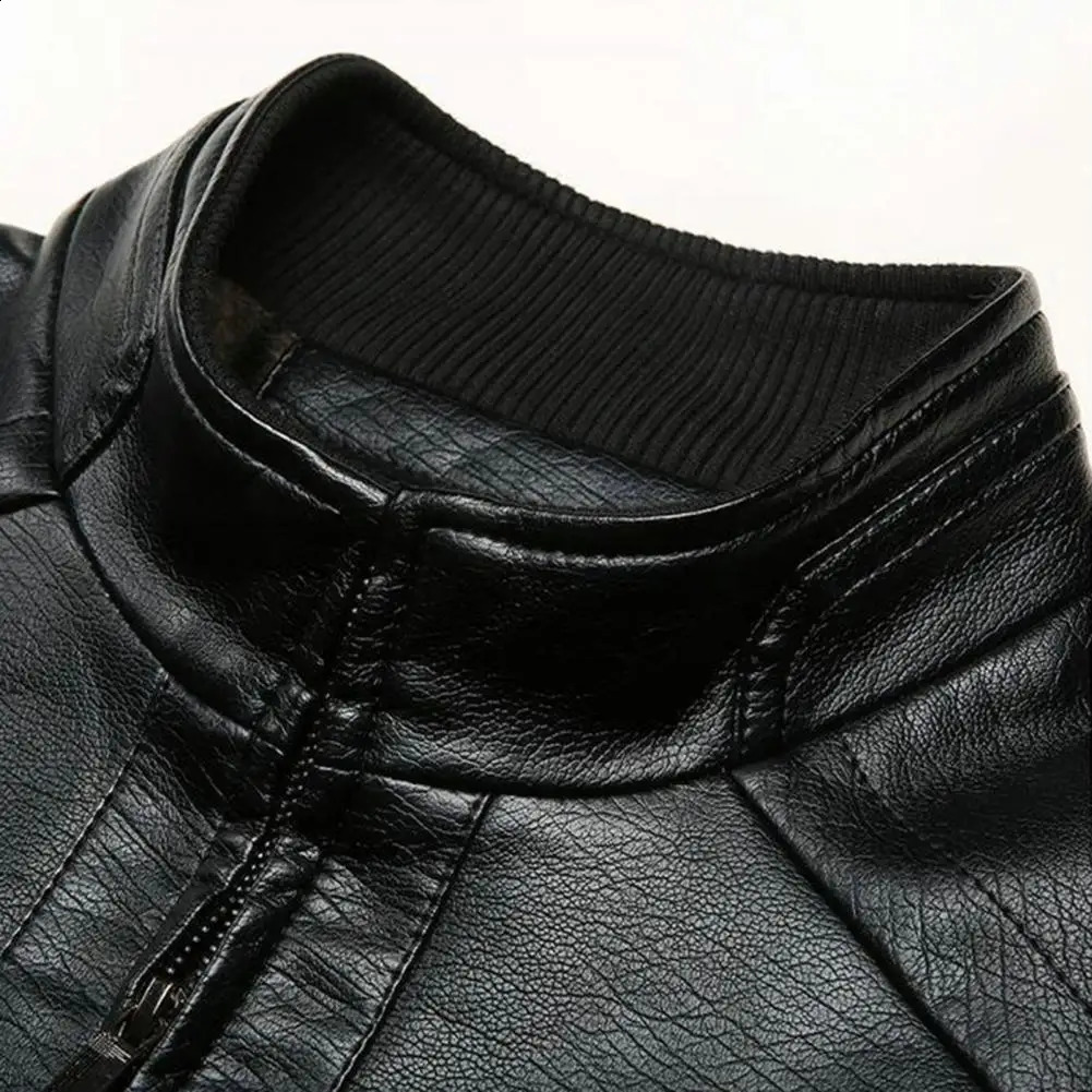 Men Jacket Solid Color Faux Leather Stand Collar Thick Long Sleeve Coat Zipper Neck Protection Autumn Winter Men Jacket 240820