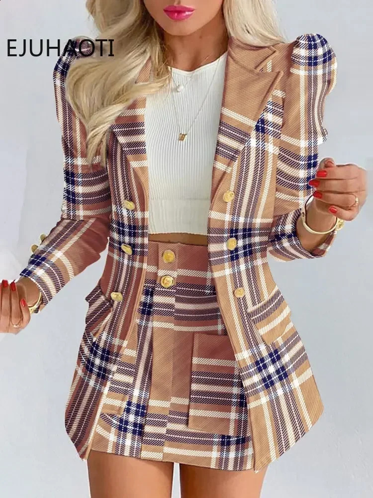 Womens Summer Long Sleeve Solid Color Jacket with Mini Skirt Two-piece Suit Tailleur Femme Blazer and Dress Sets 240820