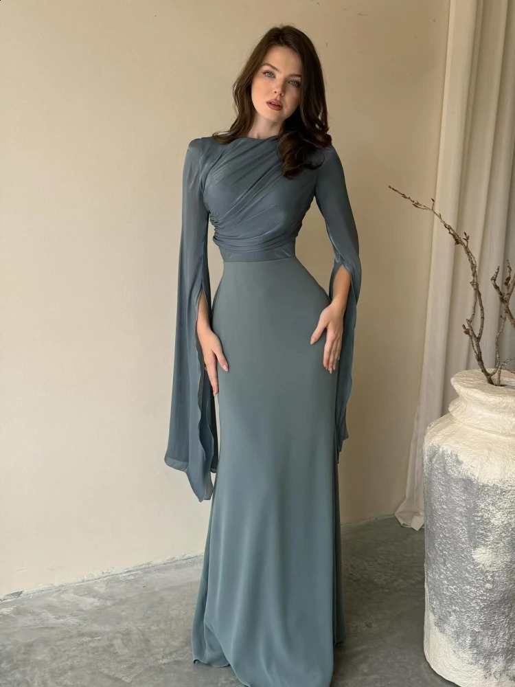 Sexy O Neck Batwing Sleeve Lace-up Slim Fit Long Dress Women Flare Long Sleeve Folds Maxi Dresses Elegant Evening Party Gowns 240819