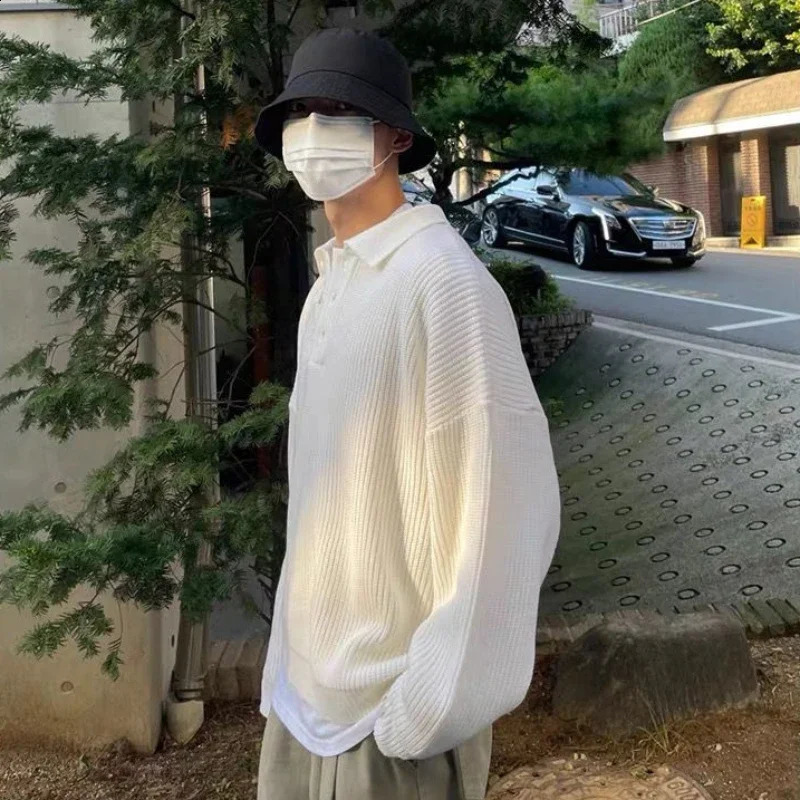 Knit Polo Sweat Shirt Mens Clothing Unicolor T Man Plain Xl Harajuku Fashion 90s Vintage Elasticity Emo One Piece Tee It A Top 240819