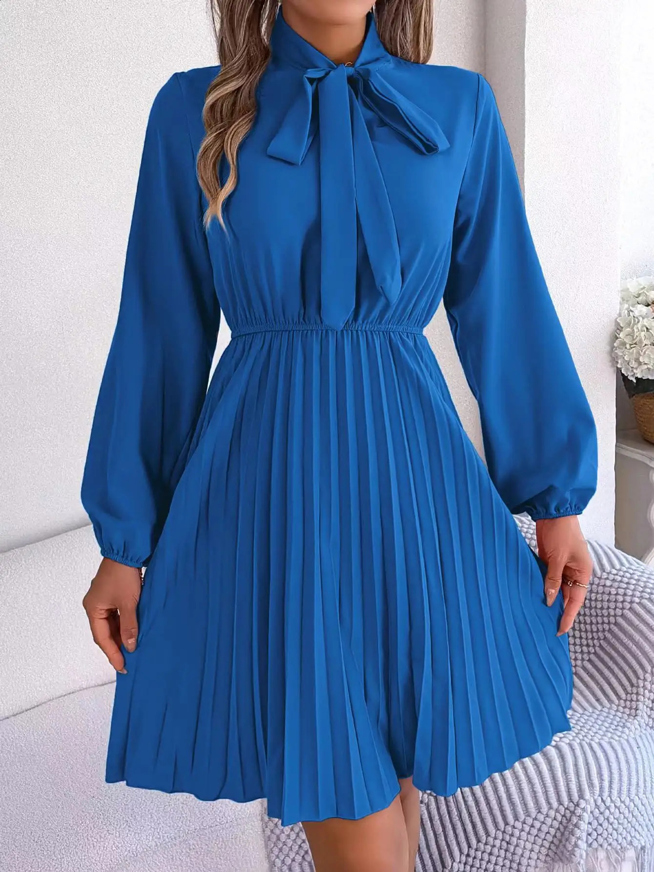 Womens Dresses in Spring Summer Autumn Winter Fashion Pure Color Lace Up Long Sleeve Elastic Waist Party Pleated 240819