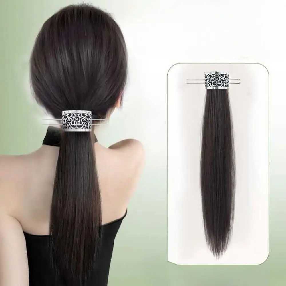 Female synthetic wig metal hollow hair ponytail Chinese style simulation long curly straight hair extension gentle version W240817