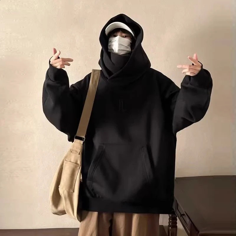 Autumn High Collar Hoodie Pullover Loose Men Coat Tops Harajuku Hip Hop Gothic Outwear Streetwear Y2k Fleece Hooded Sweatshirt 240819