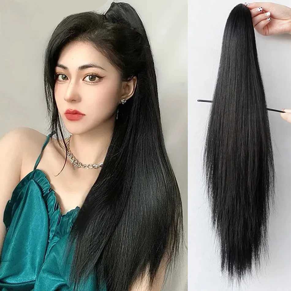 22 inch straight synthetic claw clip ponytail extension brown black synthetic ponytail wig with mini claw clip W240817