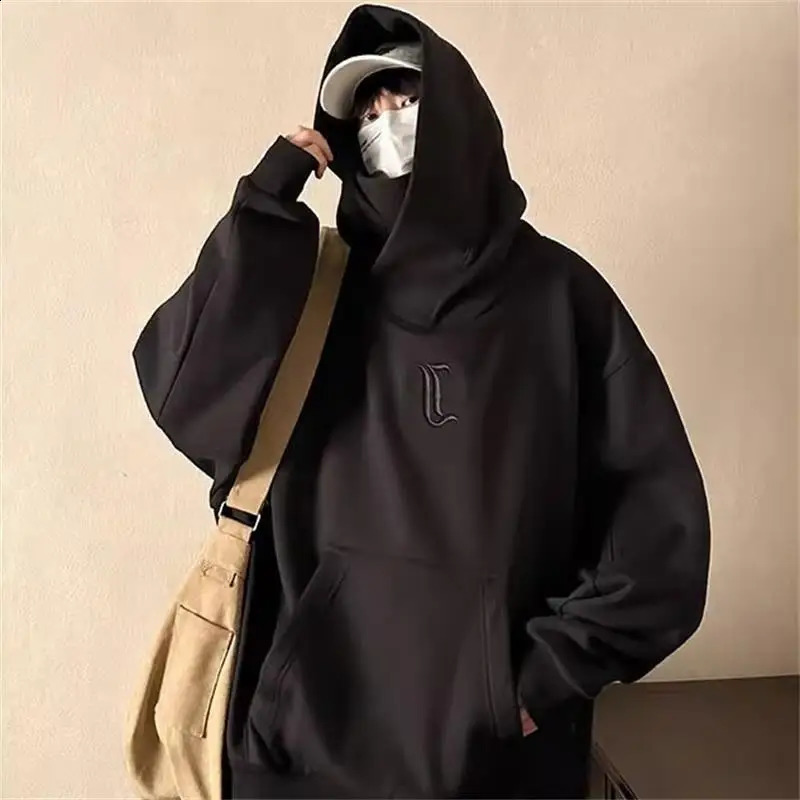 Autumn High Collar Hoodie Pullover Loose Men Coat Tops Harajuku Hip Hop Gothic Outwear Streetwear Y2k Fleece Hooded Sweatshirt 240819