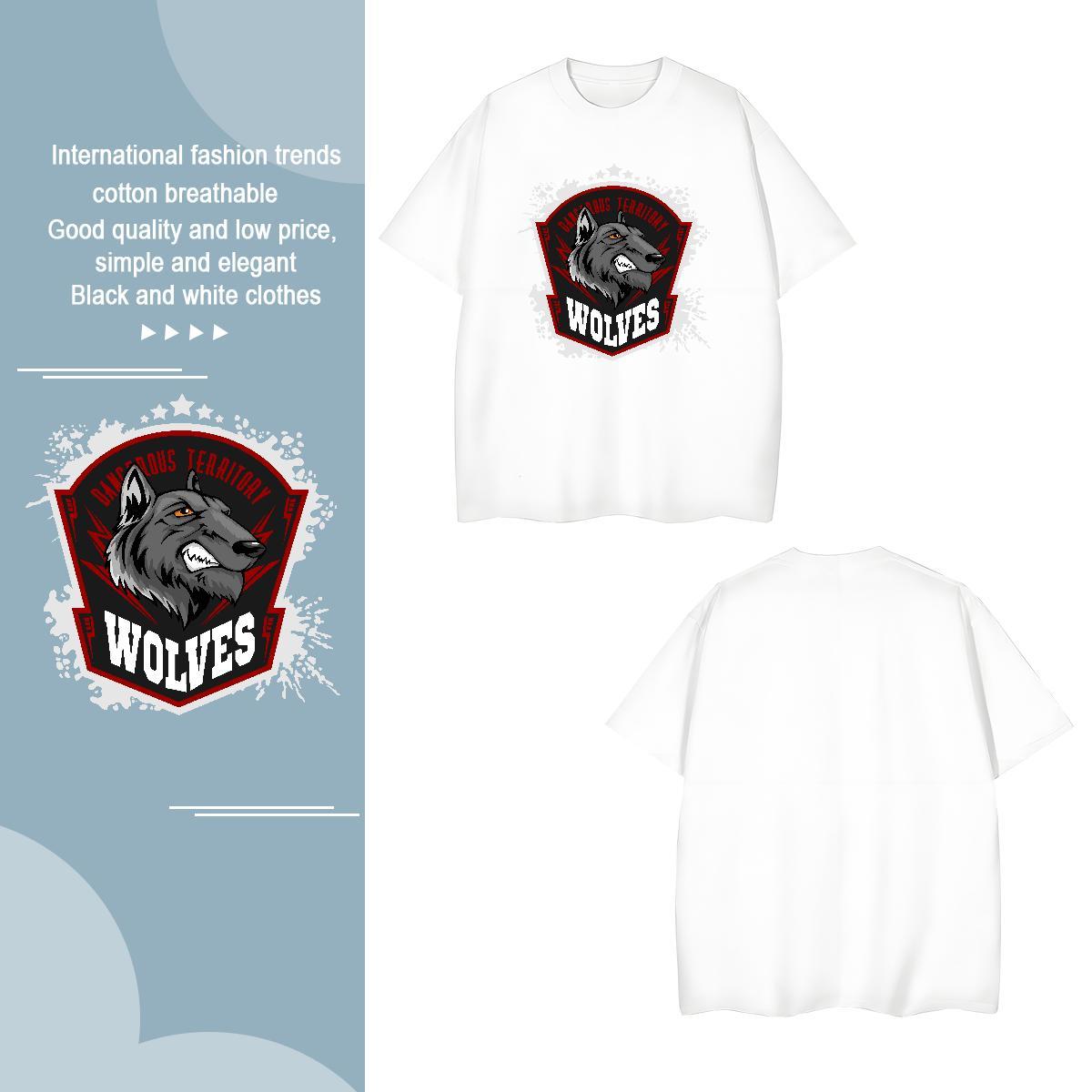 Free Shipping T Shirts Men wolf O-Neck Short Sleeve Hip Hop Street Cartoon Print 230g Cotton Couples T Shirts Fashion Tees