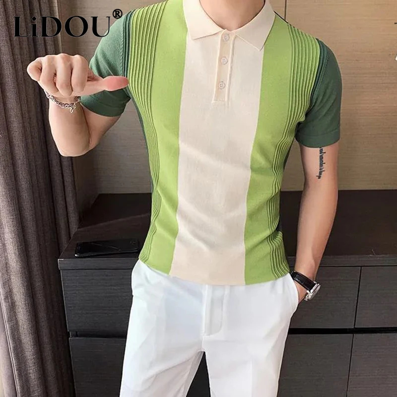 Summer Korean Fashion Polo Shirts Men Creative Y2k Sports Chic Loose Casual Contrasting Colors Hipster Street Top Clothes 240819