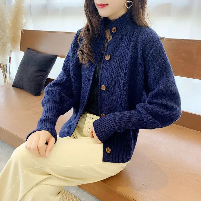 Autumn and Winter Womens Open breasted Solid Long sleeved Threaded Button Knitted Ultra thin Fashion Stand up Collar Sweater Jacket 240819