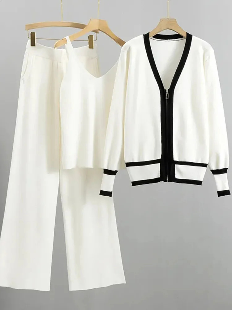 Spring Fall 3 Piece Sets Loose Cardigan Ensemble Sleeveless Vest Conjuntos High Waist Wide Leg Pant Suits Knit Soft Tracksuit 240819