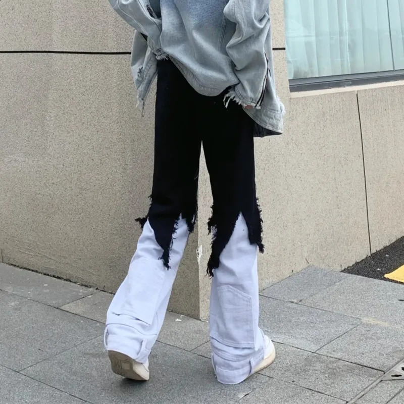 Y2K Fashion Black White Spliced Baggy Flared Stacked Jeans Pants For Men Clothing Women Wide Leg Long Trousers Ropa Hombre 240819