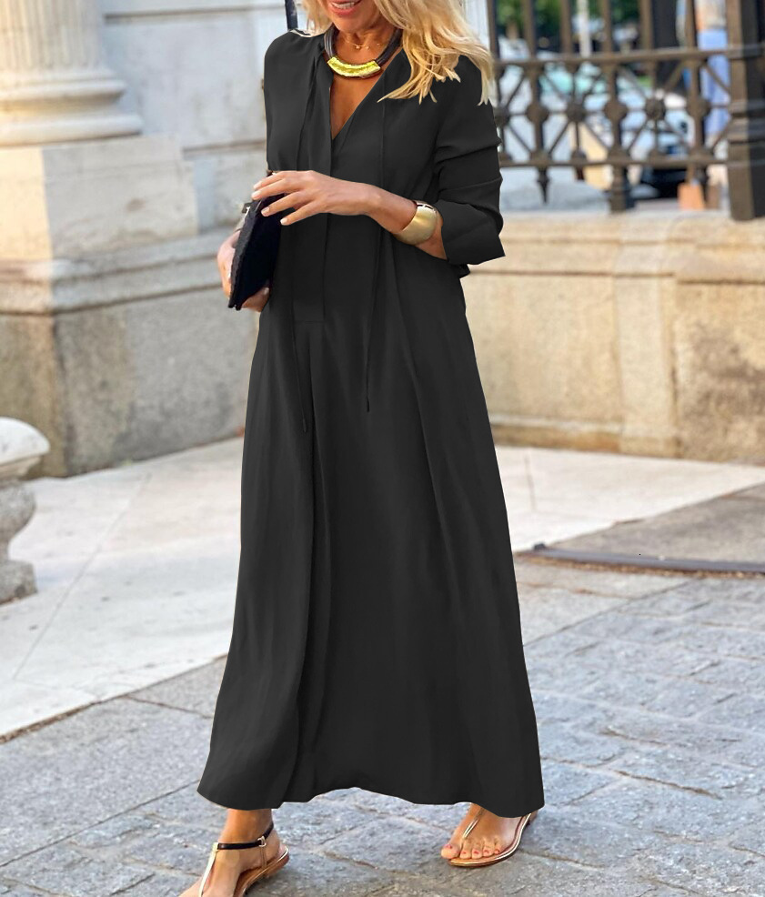 New Large Skirt Solid Color Lapel Long Sleeved Simple Casual Long Shirt Dress