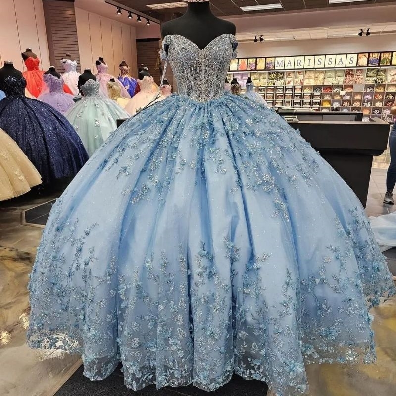 Mexico Sky Blue Off The Shoulder Ball Gown Quinceanera Dress Beaded Crystal Appliques Tull Birthday Party Dress Ruffles Sweet 16 15 Robe De
