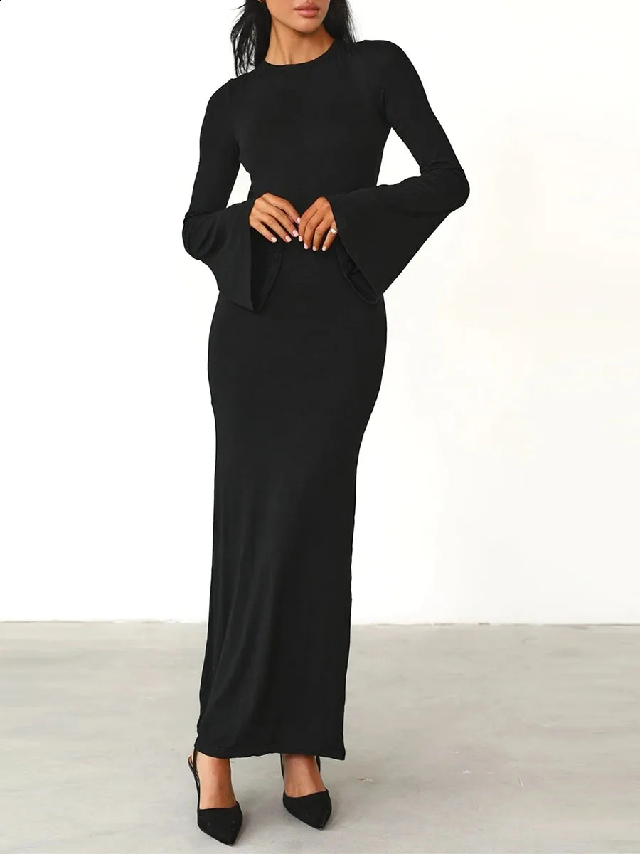 Women Backless Elegant Sexy Chic Long Dress Solid Color Black Long Sleeve Fashion Tie Back Boat Neck Slim Dress 240819