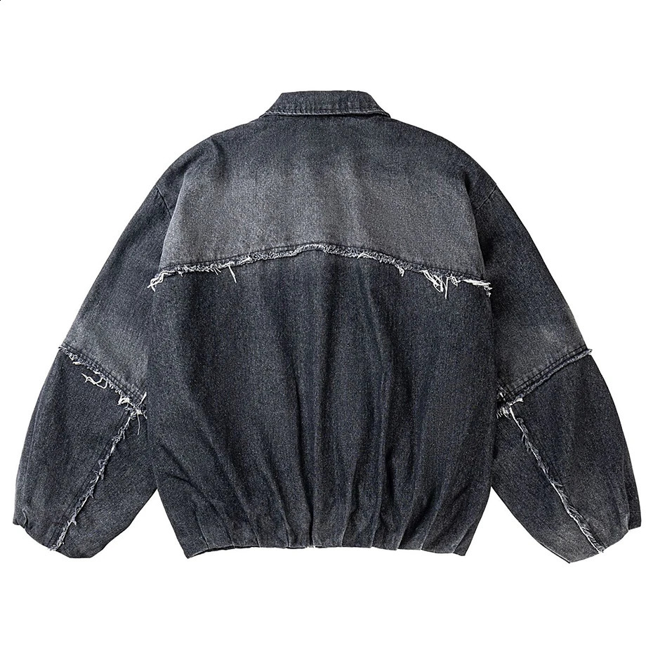 Mens Vintage Splicing Denim Jackets Harajuku Streetwear Hip Hop Oversized Jacket Zipper Coat Man Retro Loose Zipper Jacket 240819