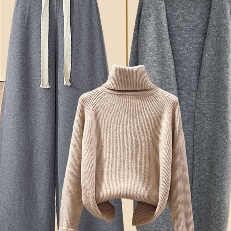 Autumn Winter Warm Knitwear Sets For Women Outfits Ladies Elegant Turtleneck Sweaterlong Cardigan Jacketwide Leg Pant Set 240819