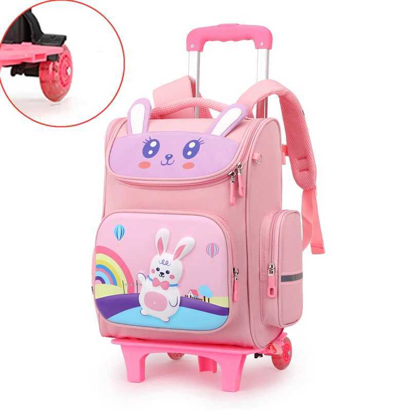 Trolley School Bag Boy Girl Kids Trolley Roller Bag Dinosaur Rabbit Preschool Wheeled Bags 6 Wheel Lightweight Backpack Y240820