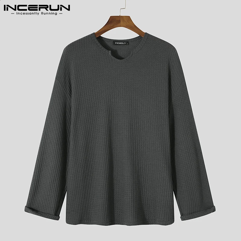 INCERUN Mens T Shirt Solid Color V Neck Long Sleeve Streetwear Korean Tee Tops Loose Fashion Casual Men Clothging S-5XL 240820