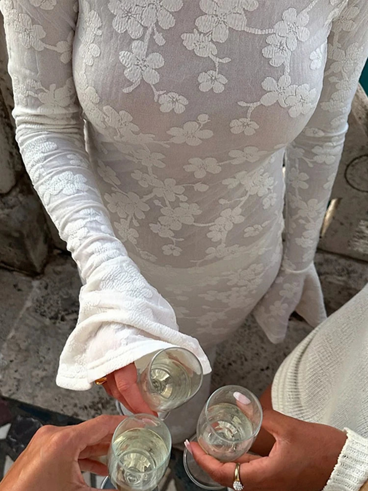 Sexy Knitted Print Maxi White Dress Women Backless Long Flare Sleeve O-neck Slim Party Dresses Female Summer Club Robes 240819
