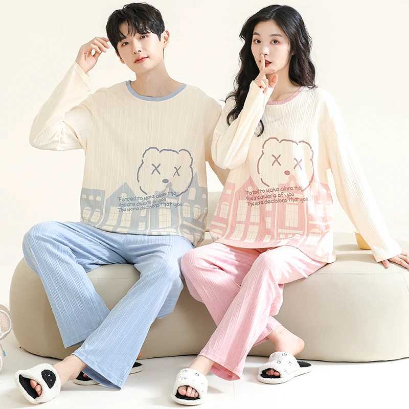 Autumn Cartoon Bear Womens Pajama Set Couples Pajama Korean Pajama Long Sleeve Cotton Pajama W241221
