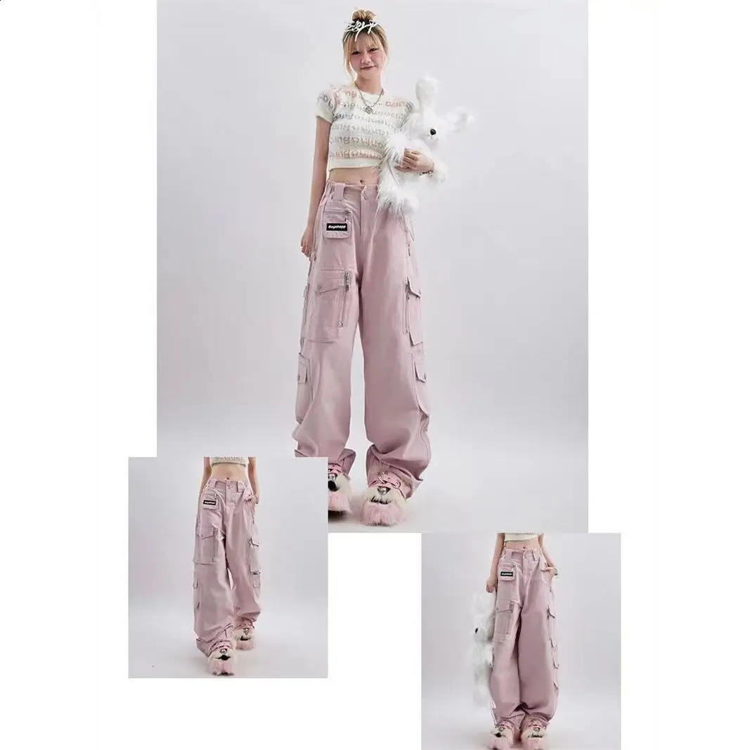 Womens Pink Cargo Vintage Harajuku Y2k Aesthetic Loose Parachute Pants Oversize High Waist Baggy Trousers 2000s Clothes Z260314