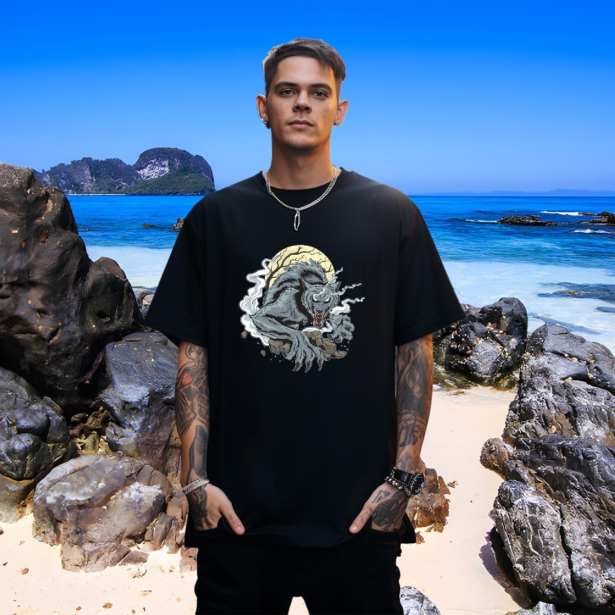 Unisex Man T Shirts wolf Short Sleeve Soft Daily Outfit Custom Cartoon 230g Cotton Couples T Shirts 2024 Summer Tops Shirt