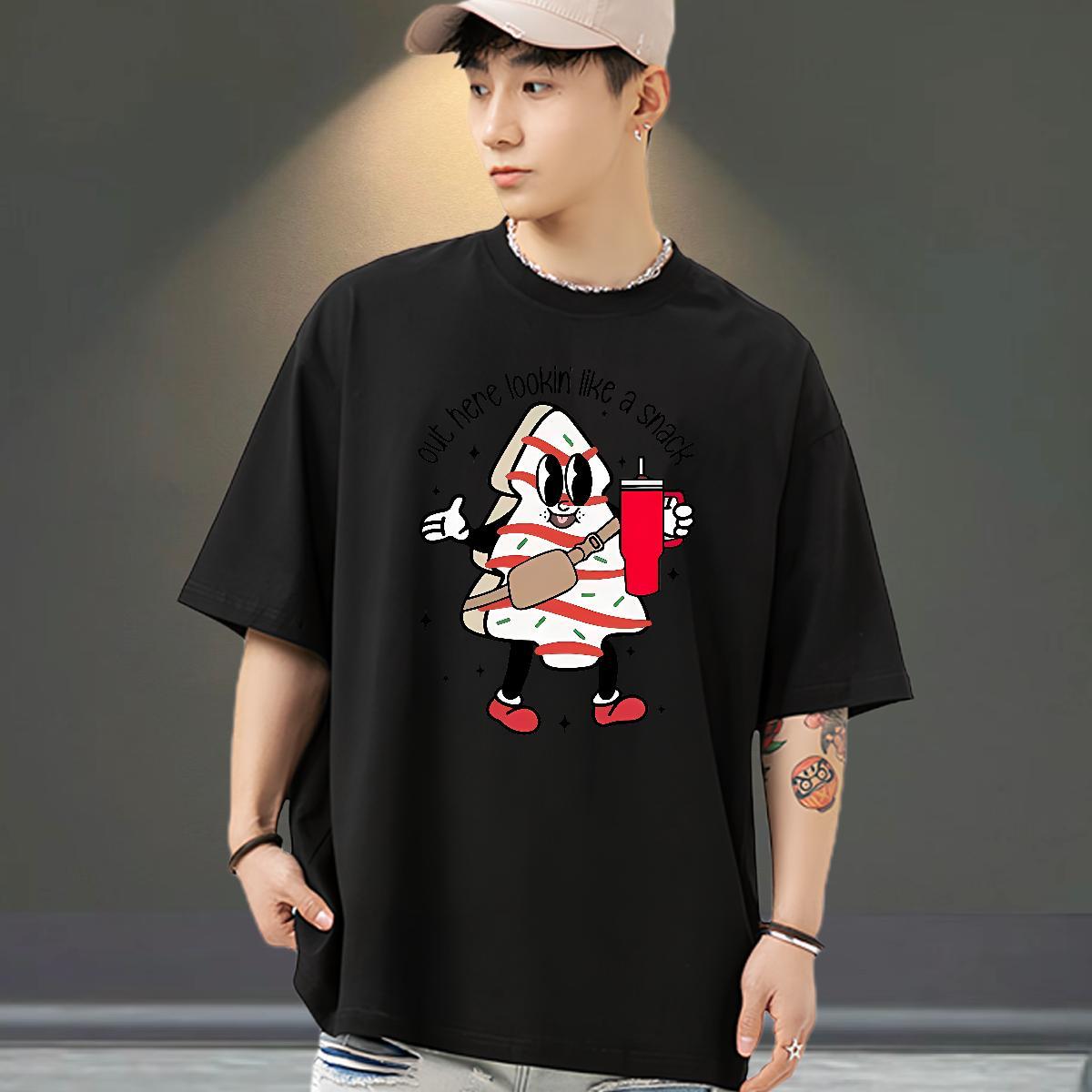 Casual New Men Clothes T-Shirt cartoon Daily Outfit 230g 100% Cotton Tops Short Sleeve O-Neck Comfortable Mens T Shirts Black Oversized