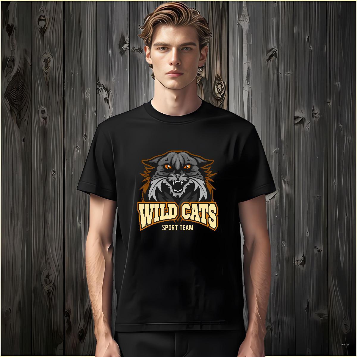 Men T Shirts 230g Pure Cotton wild cat Street Wear Breathable Crew Neck Customized Print Men Clothes T-Shirt 2024 Wholesale Tops Shirt