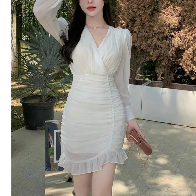Spring Autumn Solid Color V-neck Long Sleeve Mini Dress Women Edible Tree Fungus Slim Sexy Dresses Elegant Slim Vestidos 240819