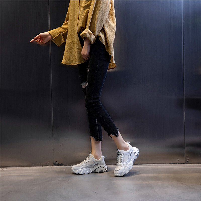 Ddmysports New Sports Korean Edition Versatile Casual Thick Sole Dad Autumn Increase Breathable Genuine Leather Shoes For Women OUTDOOR