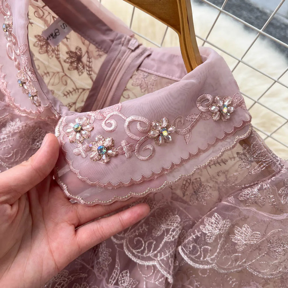 Summer Pink Lace Embroidery Mini Dress Female Short Sleeve High Waist Ruffles Elegant Runway Cascading Vestidos N6922 240819