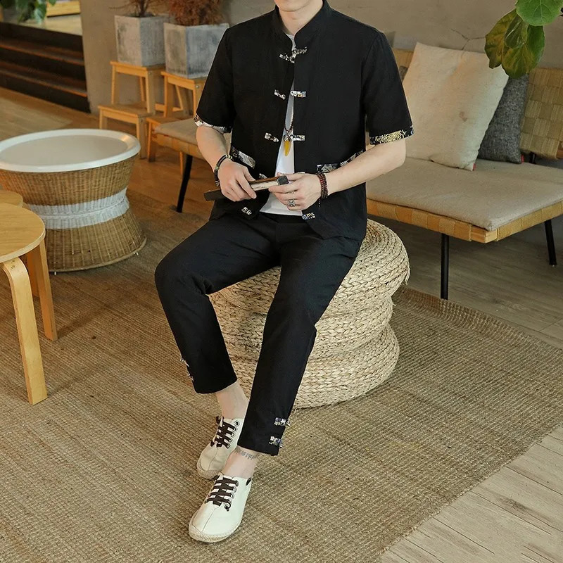 ShirtsPants summer chinese style elastic waist Cardigan Mens set Casual Sets Male Fashion trousers and shirt men size M-5XL 240819